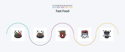 snabb mat linje fylld platt 5 ikon packa Inklusive . mat. snabb. snabb mat. soda vektor