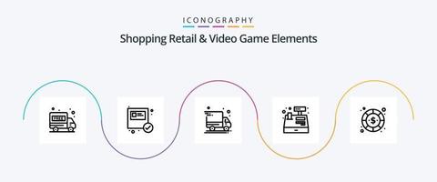 Einkaufen Einzelhandels- und Videospielelemente Linie 5 Icon Pack inklusive Geld. Währung. Lieferwagen. Münze. registrieren vektor