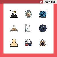 9 kreative Symbole moderne Zeichen und Symbole der Dateianalyse Weltkugel Camping Camp editierbare Vektordesign-Elemente vektor