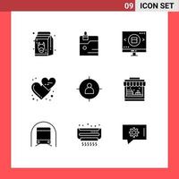 Mobile Schnittstelle solider Glyph-Satz von 9 Piktogrammen der Liebe Emojis Technologie Zuneigung Einkaufen editierbare Vektordesign-Elemente vektor
