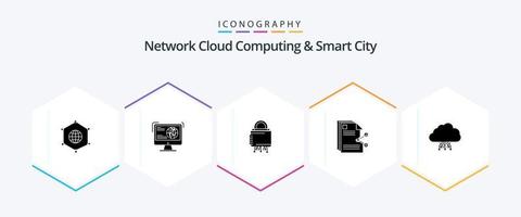 Netzwerk-Cloud-Computing und Smart City 25 Glyphen-Symbolpaket einschließlich Dateien. Webseite. sicher. sperren vektor