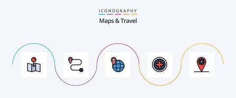 Karten und Reiselinien gefülltes flaches 5-Icon-Paket einschließlich . reisen. vektor