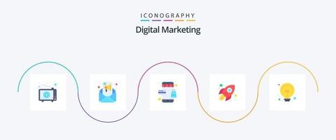 digitales Marketing Flat 5 Icon Pack inklusive Idee. Anfang. online. Rakete. Unternehmen vektor