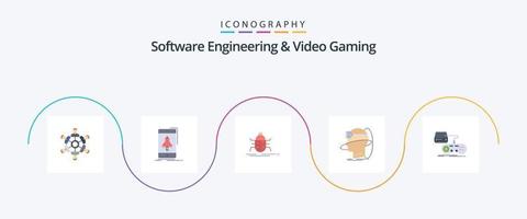 programvara teknik och video gaming platt 5 ikon packa Inklusive verklighet. mänsklig. mobil. virus. insekt vektor