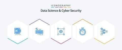 Datenwissenschaft und Cybersicherheit 25 blaues Symbolpaket einschließlich tief . Daten Wissenschaft. Globus. Uhr. messen vektor