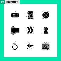 9 thematische Vektor-Solid-Glyphen und editierbare Symbole der Chevron-Rolle lieben Fotokamera editierbare Vektordesign-Elemente vektor