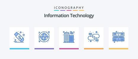 information teknologi blå 5 ikon packa Inklusive Bagge. dator. byggnad. nätverk. förbindelse. kreativ ikoner design vektor