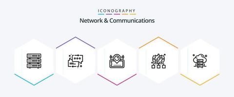 Netzwerk und Kommunikation 25-Zeilen-Icon-Pack einschließlich Cloud. Zahnrad. Karte. konfigurieren. Kino vektor