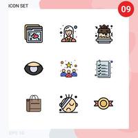 uppsättning av 9 vektor fylld linje platt färger på rutnät för profil företag kaka syn ansikte redigerbar vektor design element