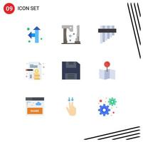 Packung mit 9 kreativen flachen Farben von Pin Save Instrument Diskette Geschäftsbericht editierbare Vektordesign-Elemente vektor