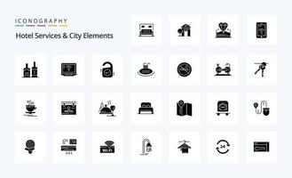 25 Hotelservices und Stadtelemente solides Glyphen-Icon-Pack vektor