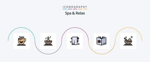 spa och koppla av linje fylld platt 5 ikon packa Inklusive kosmetika. spa skola. jack. blandning. skål vektor
