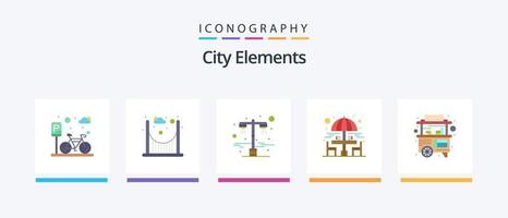 City Elements Flat 5 Icon Pack inklusive Straße. Lebensmittel. hell. Sitztisch. Trinken. kreatives Symboldesign vektor