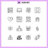 Mobile Interface Gliederungssatz von 16 Piktogrammen von bearbeitbaren Vektordesign-Elementen für Herz-Innenlautsprechermöbelschrank vektor