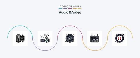 Audio- und Videozeilen gefülltes flaches 5-Icon-Paket einschließlich Video. Multimedia. Scheibe. Audio. Klavier vektor