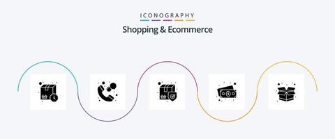 Shopping und E-Commerce Glyph 5 Icon Pack inklusive Versand. Pack. Lieferung. Geld. Banknote vektor