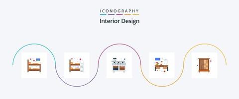 interiör design platt 5 ikon packa Inklusive skåp. tabell. spis. kontor. matlagning vektor