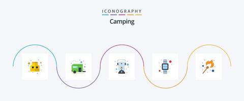 Camping Flat 5 Icon Pack inklusive Flamme. Einzeigeruhr. Lampe. Anschauen. Digital vektor