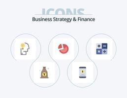 Geschäftsstrategie und Finanzen flaches Icon Pack 5 Icon Design. Diagramm. Kuchendiagramm. Geld. Lösung. Verstand vektor