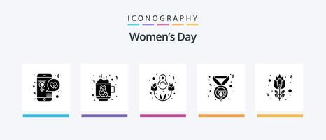 Womens Day Glyph 5 Icon Pack inklusive Blüte. Gewinner. heiß. Medaille. schöner Tag. kreatives Symboldesign vektor