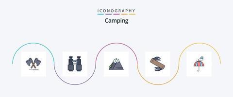camping linje fylld platt 5 ikon packa Inklusive armén. vandring. utforska. Sol. natur vektor