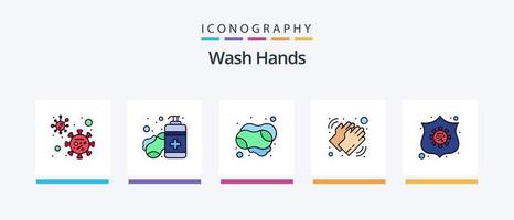 Hände waschen Linie gefüllt 5 Icon Pack inklusive Handschuh. Schutz. Seife. beschützen. Waschen. kreatives Symboldesign vektor