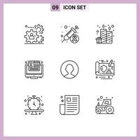 9-Benutzeroberflächen-Gliederungspaket mit modernen Zeichen und Symbolen von Avatar-Browser-Injektions-Marketing-Party-editierbaren Vektordesign-Elementen vektor