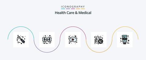 hälsa vård och medicinsk linje fylld platt 5 ikon packa Inklusive ansikte. urologi. tråd. urinledare. lungor sjukdom vektor