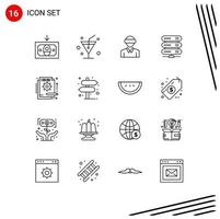 Gliederungssatz für mobile Schnittstellen mit 16 Piktogrammen von bearbeitbaren Vektordesign-Elementen im Fondstechnologie-Detail-Netzwerk vektor