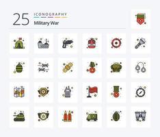 Militärkrieg 25 Zeilen gefülltes Icon Pack inklusive Armee. Flasche. Pistole. Wasser. Heer vektor