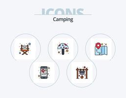 camping linje fylld ikon packa 5 ikon design. pinne. flamma. lykta. brand. läger vektor