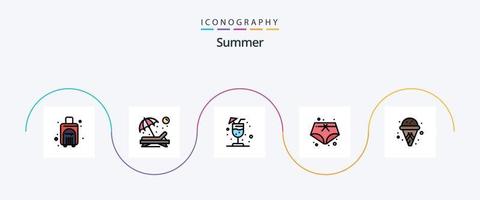 Sommerlinie gefülltes flaches 5-Icon-Paket einschließlich Sommer. Kegel. Sonnenbaden. Urlaub. kurze Hose vektor