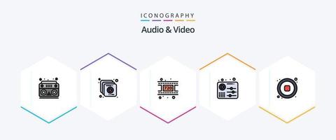 Audio- und Video-Icon-Pack mit 25 gefüllten Linien, einschließlich Video. Musik. Spule. Audio. Musik vektor