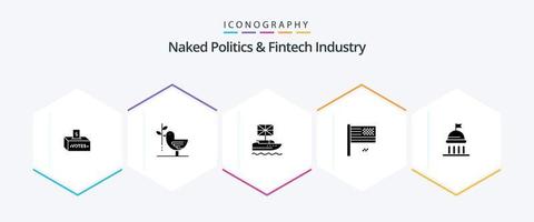 nackte Politik und Fintech-Industrie 25 Glyphen-Symbolpaket einschließlich Niedergang. Amerikanischer Traum. Harmonie. Vereinigtes Königreich. europäisch vektor