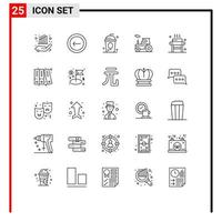 25 universelle Linienzeichen Symbole für Betttransportkuchentraktor unabhängig editierbare Vektordesign-Elemente vektor
