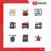 Stock Vector Icon Pack mit 9 Zeilen Zeichen und Symbolen für Audio-Radio-Player WLAN-Standort editierbare Vektordesign-Elemente