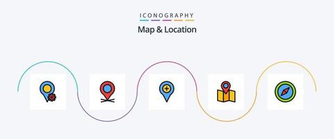 Karta och plats linje fylld platt 5 ikon packa Inklusive Karta. kompass. Karta. pekare. plats vektor