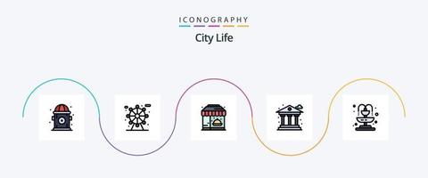 City Life Line gefüllt Flat 5 Icon Pack inklusive. Leben. Hotel. Stadt. Bank vektor