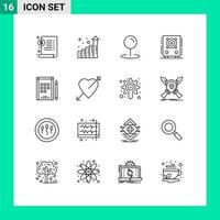 Stock Vector Icon Pack mit 16 Linienzeichen und Symbolen für Pfeil Notebook Karte Buch Party editierbare Vektordesign-Elemente