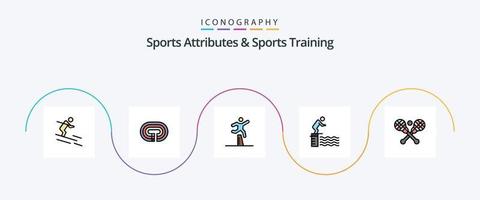 Sportattribute und Sporttrainingslinie gefülltes flaches 5-Icon-Paket einschließlich Sport. Plattform. Athlet. springen. Hindernislauf vektor