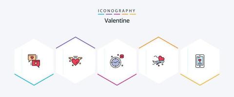 Valentine 25 Filledline Icon Pack inklusive Liebe. Flughafen. Zeit. Flugzeug. Fliege vektor