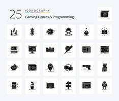 gaming genrer och programmering 25 fast glyf ikon packa Inklusive viking. slåss. tävlings. tid. medurs vektor
