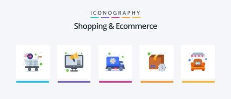 Shopping und E-Commerce Flat 5 Icon Pack inklusive Online. Paket. Lieferung. Zeit. Kasten. kreatives Symboldesign vektor