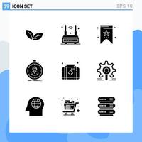 Gruppe von 9 modernen soliden Glyphen für Erste-Hilfe-Timer, drahtlose Stoppuhr, schnell bearbeitbare Vektordesign-Elemente vektor
