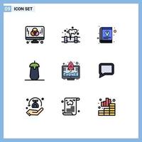 Gruppe von 9 modernen Filledline-Flachfarben, die für editierbare Vektordesign-Elemente des Essens köstlichen Abfall-Auberginen-Service festgelegt werden vektor