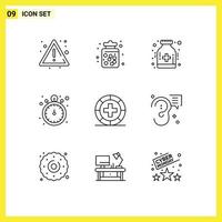 Stock Vector Icon Pack mit 9 Zeilenzeichen und Symbolen für Krankheit Timer Süßigkeiten Stoppuhr Krankenhaus editierbare Vektordesign-Elemente