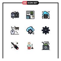 Stock Vector Icon Pack mit 9 Zeilenzeichen und Symbolen für den Einkauf von Maus, Reisewagen, Musik, editierbare Vektordesign-Elemente
