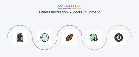 Fitness-Erholungs- und Sportausrüstungslinie gefülltes flaches 5-Icon-Pack einschließlich Helm. Ausrüstung. Spiel. amerikanisch. nfl vektor