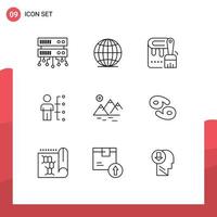 Stock Vector Icon Pack mit 9 Zeilen Zeichen und Symbolen für Bergmenschen malen Mann Mitarbeiter editierbare Vektordesign-Elemente