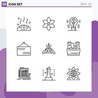 Aktienvektor-Icon-Pack mit 9 Zeilenzeichen und Symbolen für Zeltschildbirne offenes Brett editierbare Vektordesign-Elemente vektor
